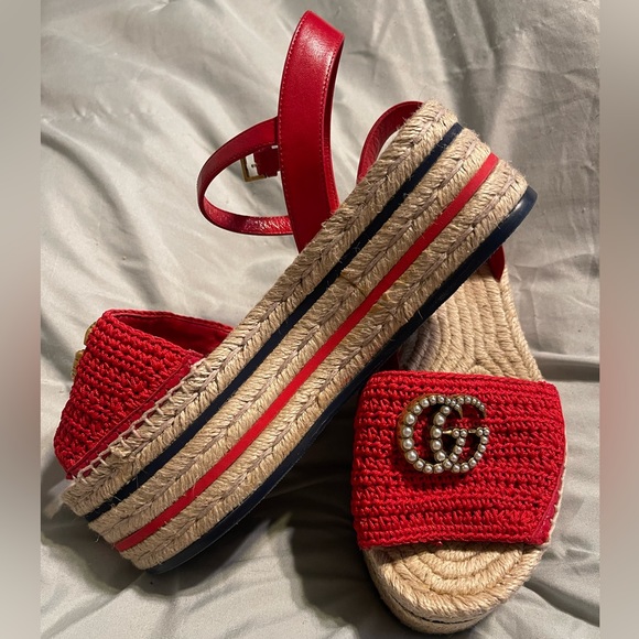 Excellent Condition Gucci Marmont Lilienthal Platform Wedge Espadrilles Pearl GG - Picture 2 of 4